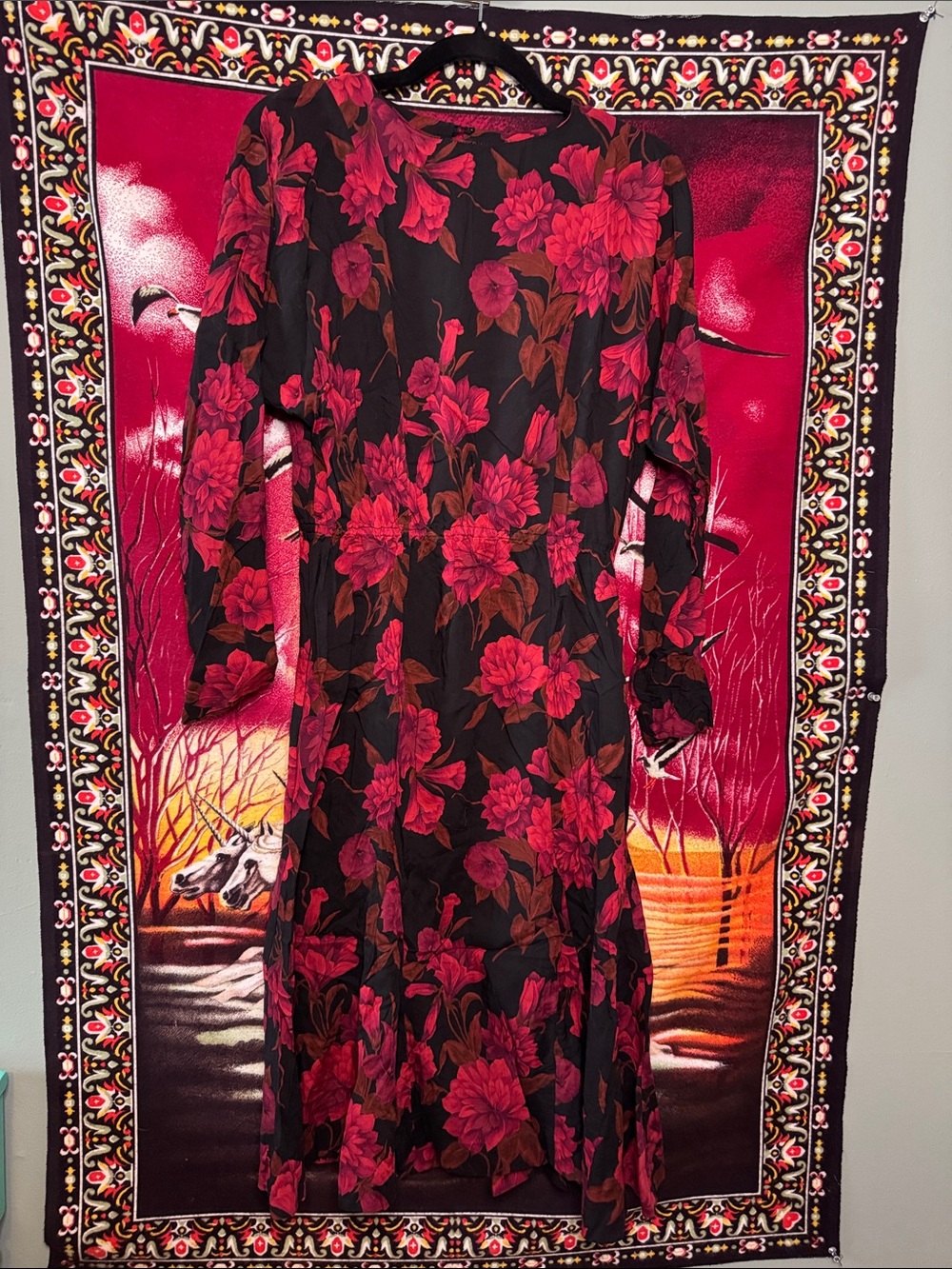 vintage red rose print floral midi dress